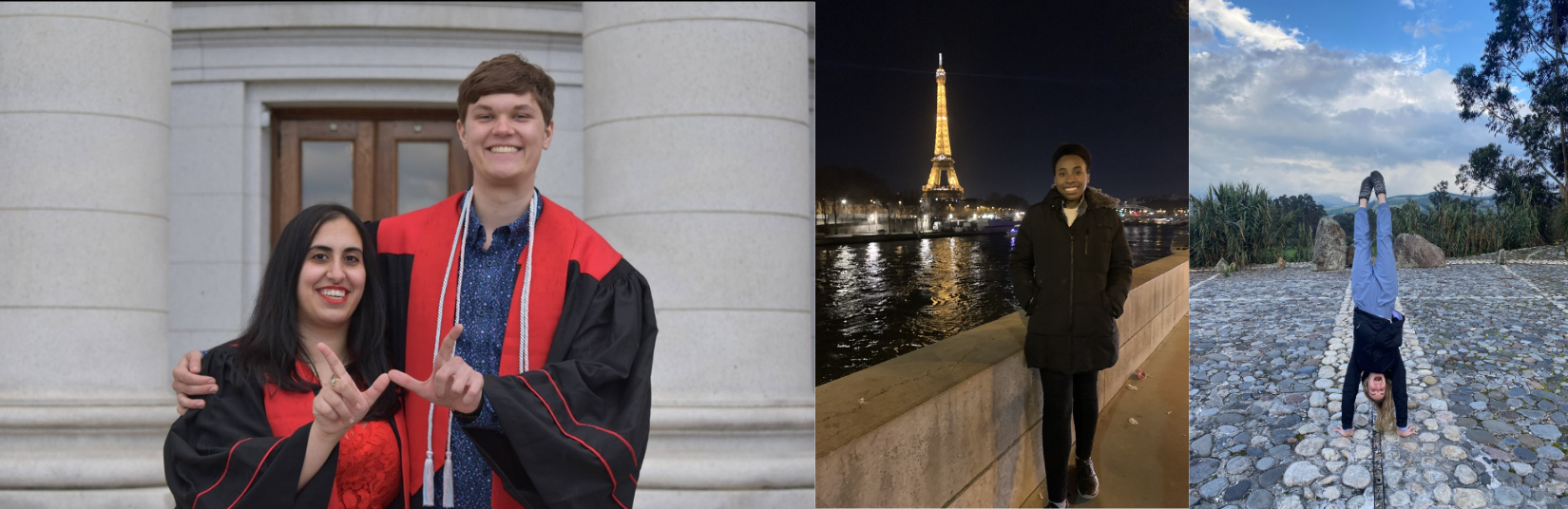 Three photos next to each other. 1) Two WIScholars holding up the Wisconsin "W" in graduation garb and regalia. 2) WIScholar next to the Eiffel Tower 3) WIScholar doing a handstand on a rocky trail near a mountain and forest.