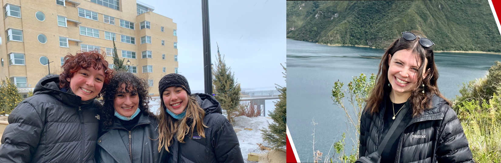 Two photos next to each other. 1) Three WIScholars posing in front of a building on a snowy day. 2) A WIScholar near a lake and mountain.